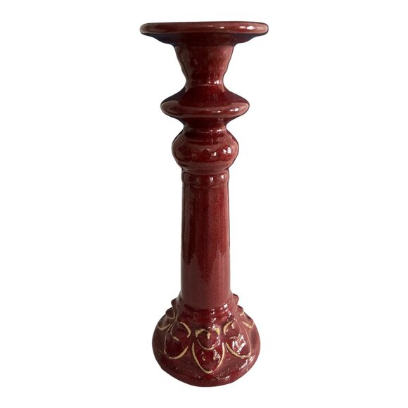 Vintage Red Ceramic Pillar Candle Holder with Gold Accents - Picture 1 of 5